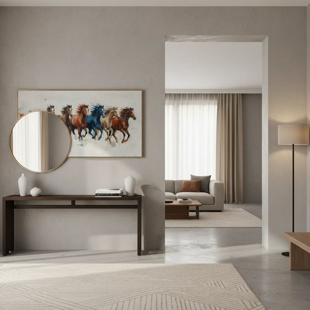 entryway wall with horse painting facing into home interior