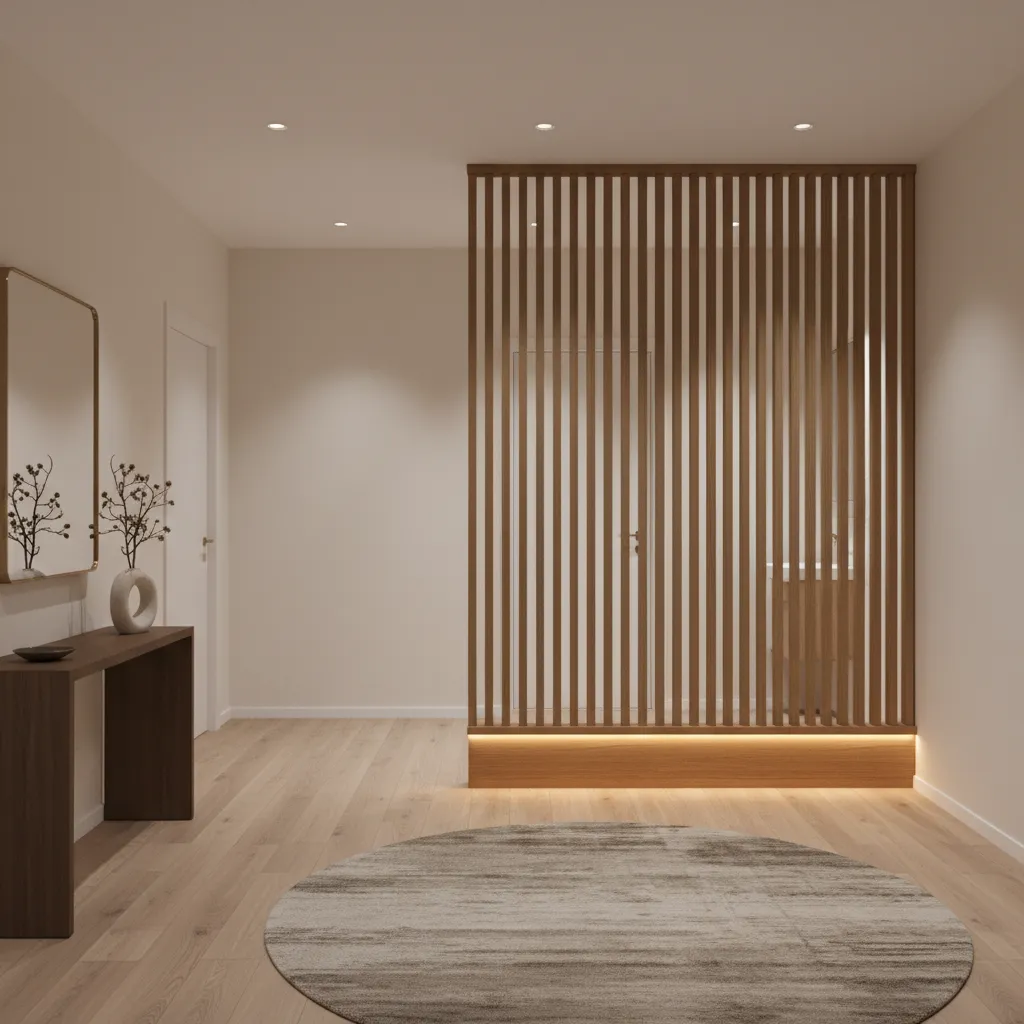 Wood slatted partition blocking view of bathroom from entry