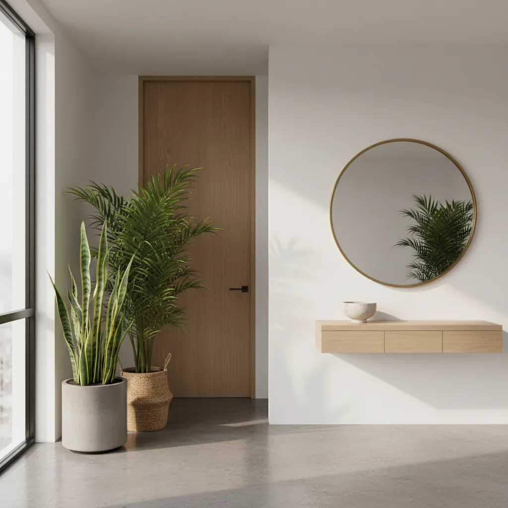 Indoor plants placed near entry to soften view of bathroom door