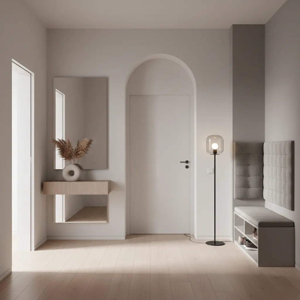 Front door opening with bathroom visible from entrance in apartment layout