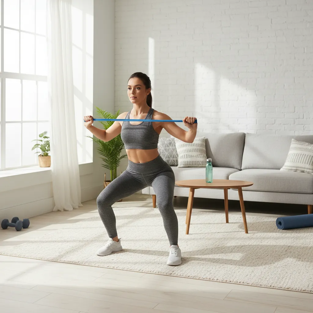 Mujer entrenando con bandas elásticas en casa