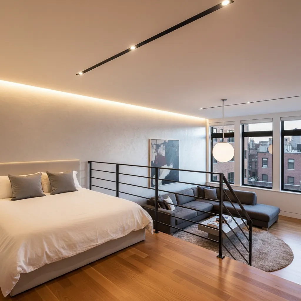 Dormitorio ubicado en un entrepiso dentro de un loft moderno