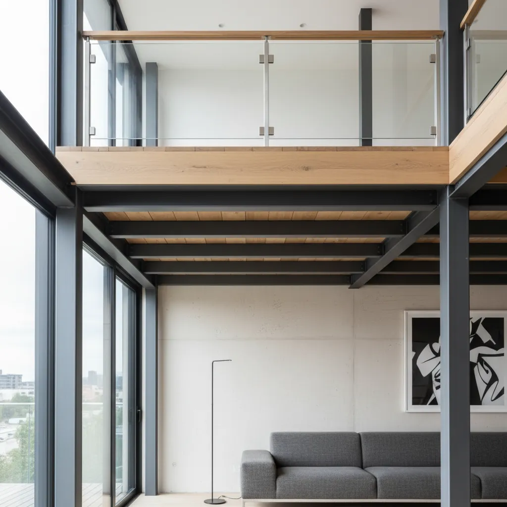 Estructura metálica con plataforma de madera en un entrepiso residencial