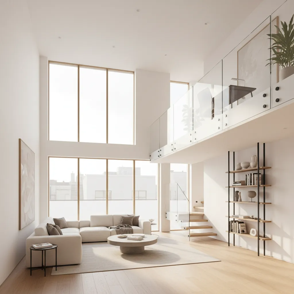 Casa con entrepiso iluminado por grandes ventanales