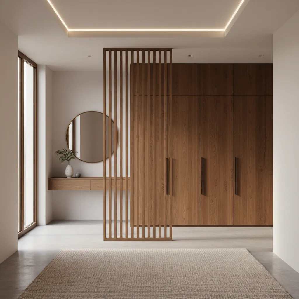 Entryway buffer design that partially hides a front-facing kitchen