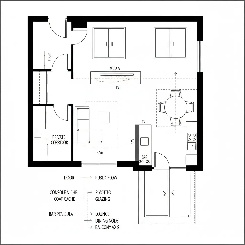 Top-down CAD plan of entry foyer expanding to living-dining with balcony axis