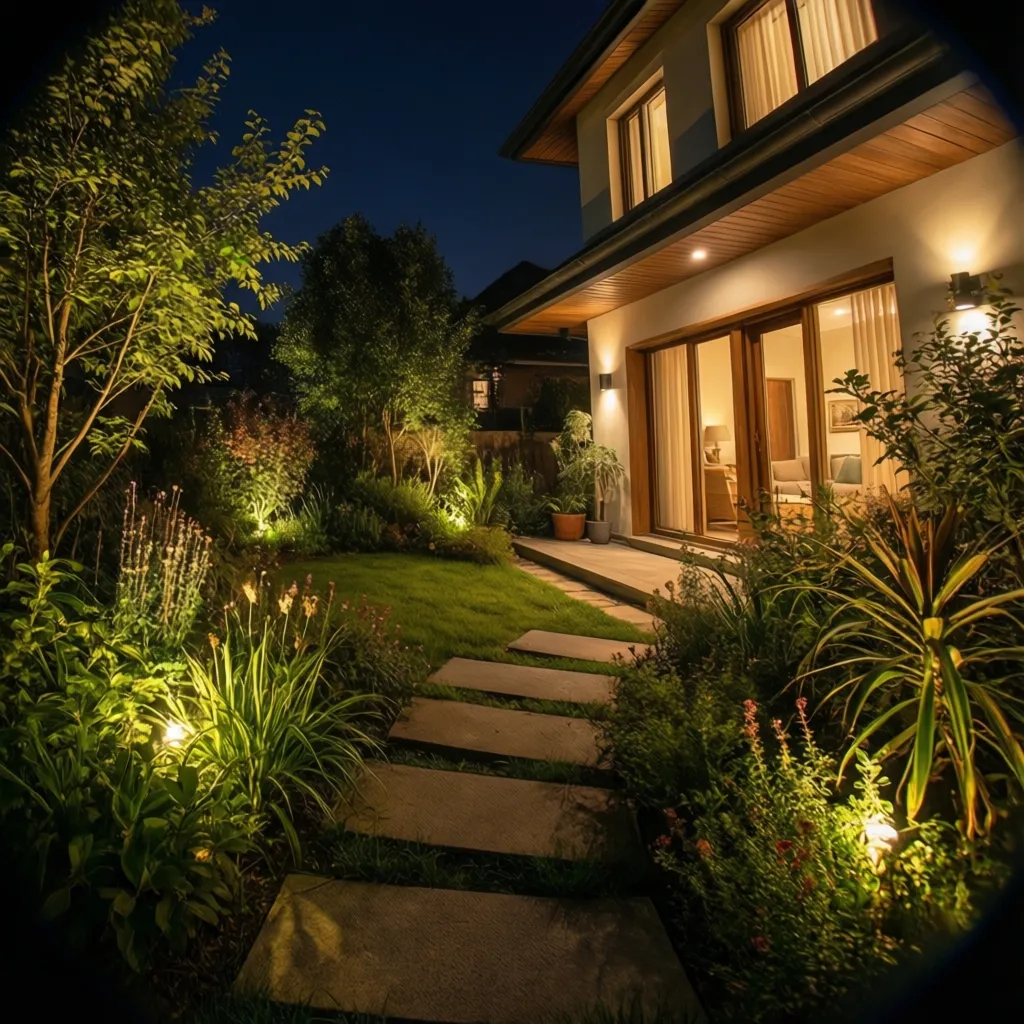 Iluminación nocturna en jardín pequeño de entrada de casa