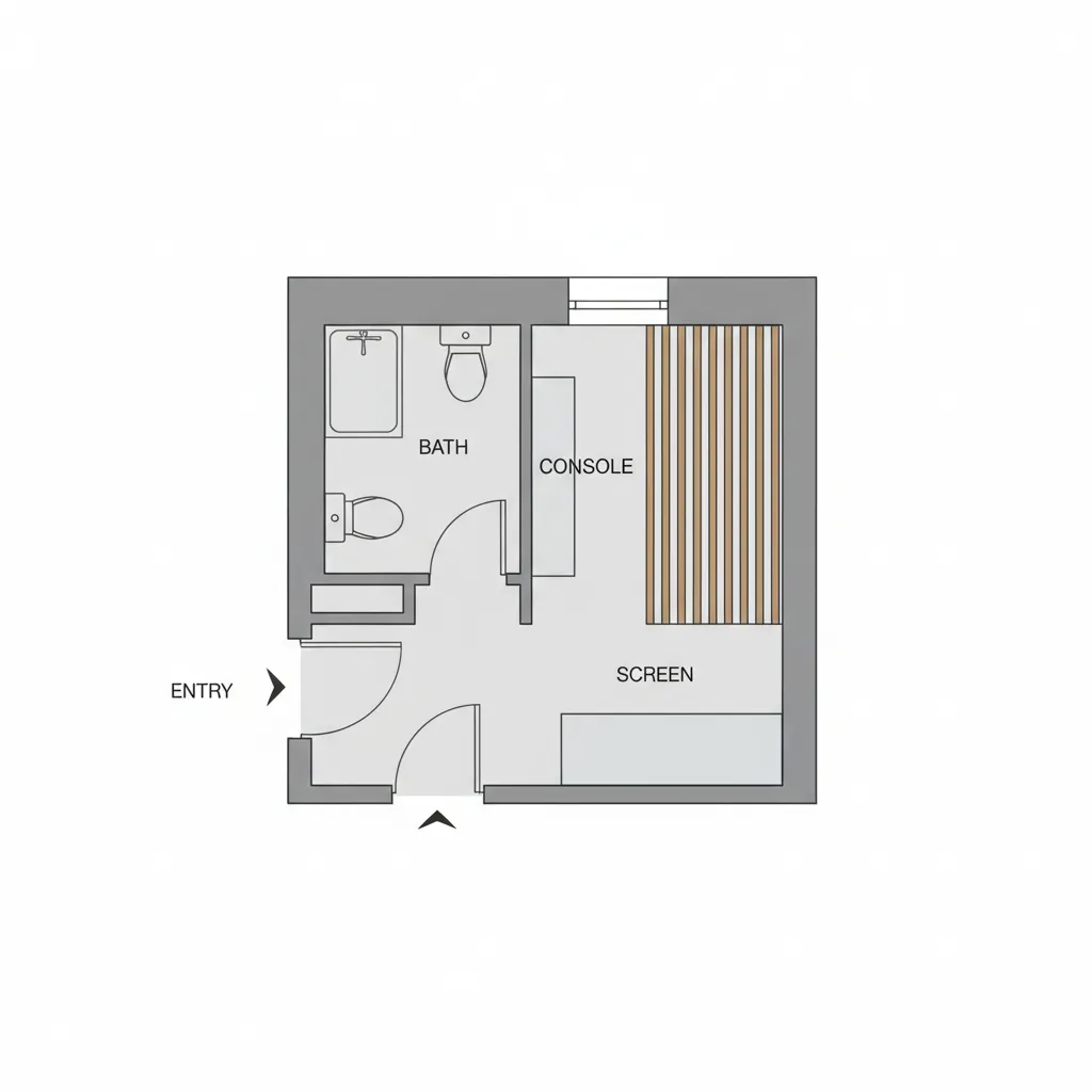 Simple floor plan showing entry layout adjustment to reduce bathroom visibility