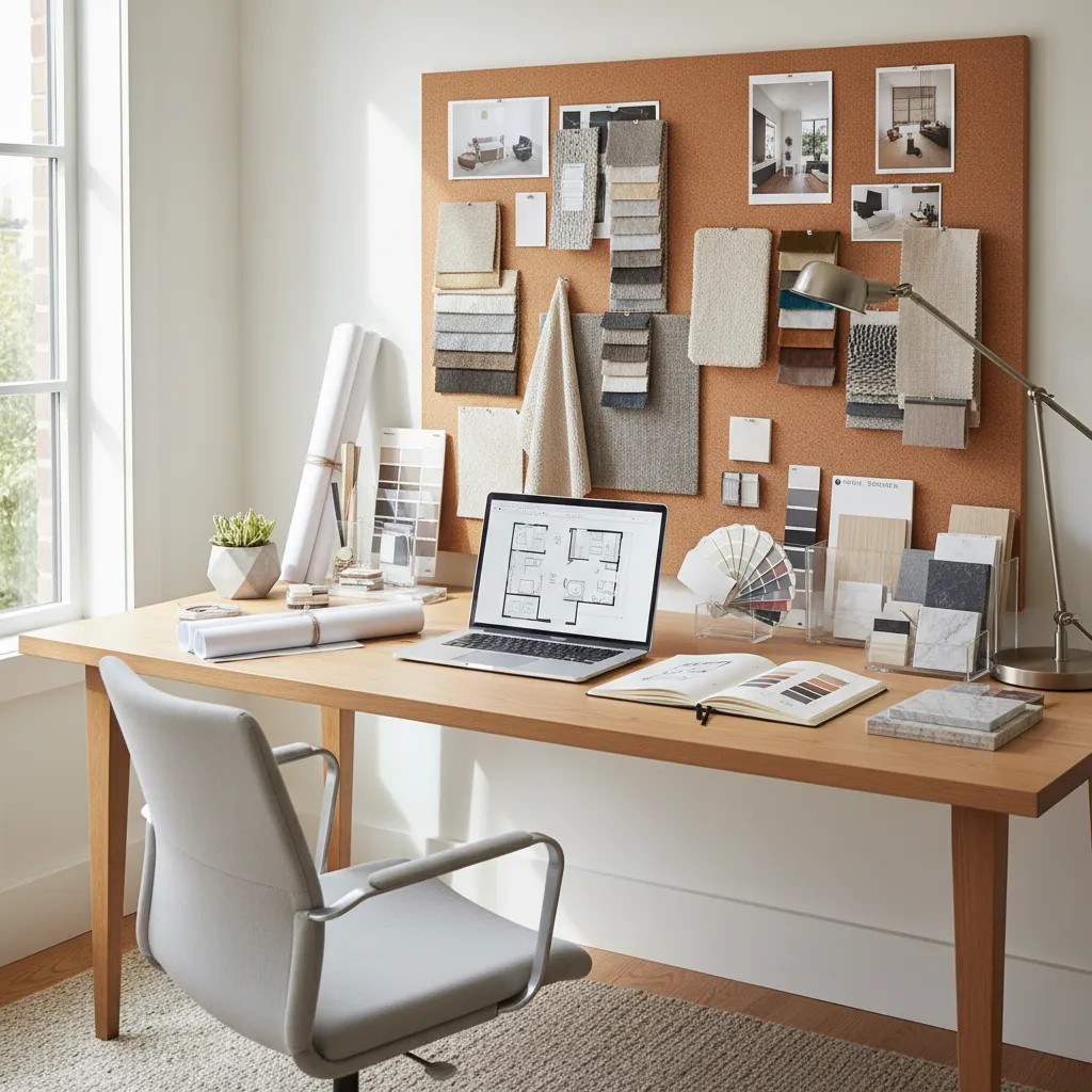 Beginner interior designer creating mood board and floor plan on desk
