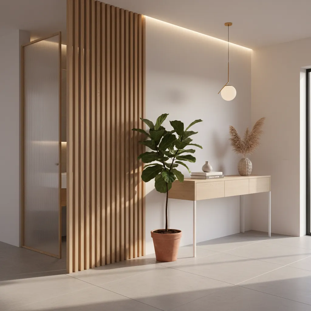 Decorative partition screen hiding bathroom door from entry view