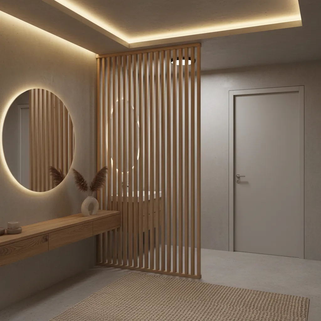 Apartment entrance with decorative partition blocking bathroom view