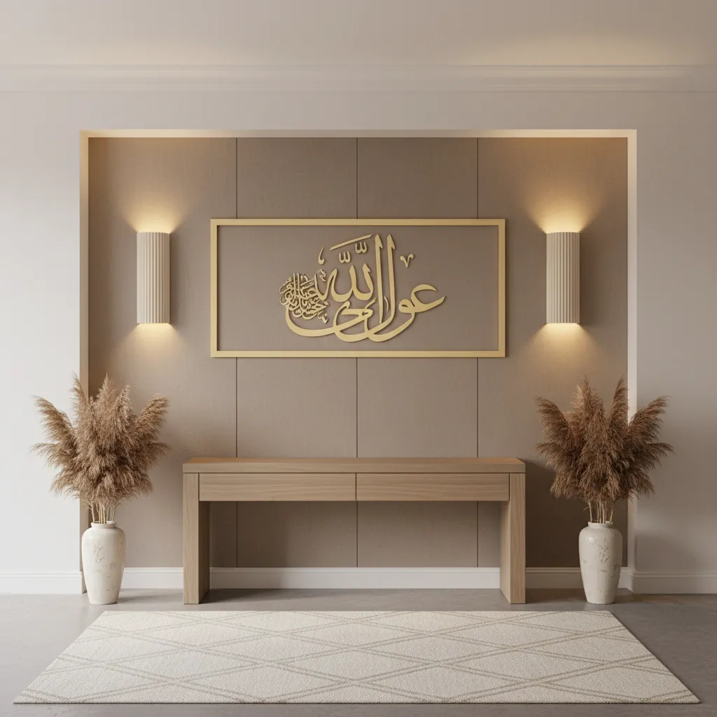 Entryway console with Ayatul Kursi wall art creating a welcoming Islamic home entrance