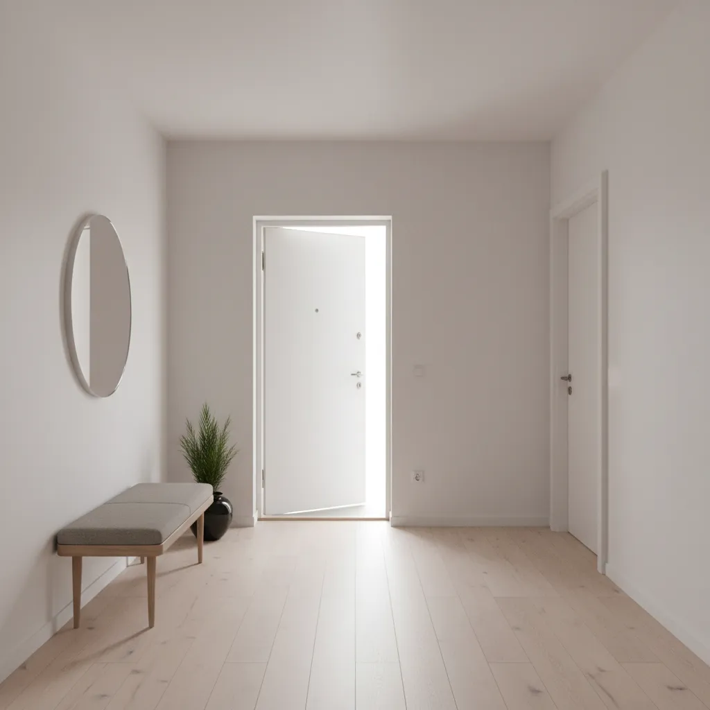 Home entryway where a bathroom door sits beside the front entrance