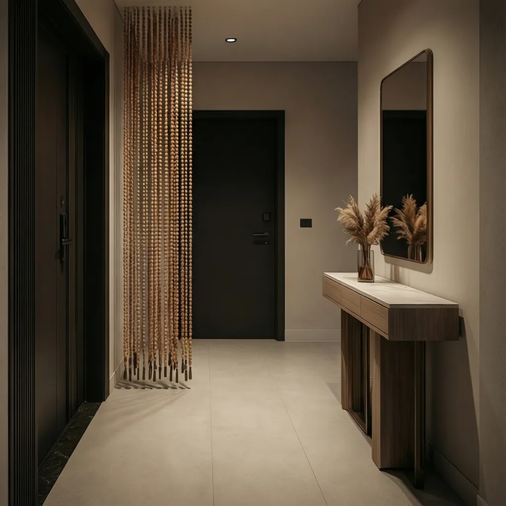 Modern home entryway with vertical beaded decorative installation