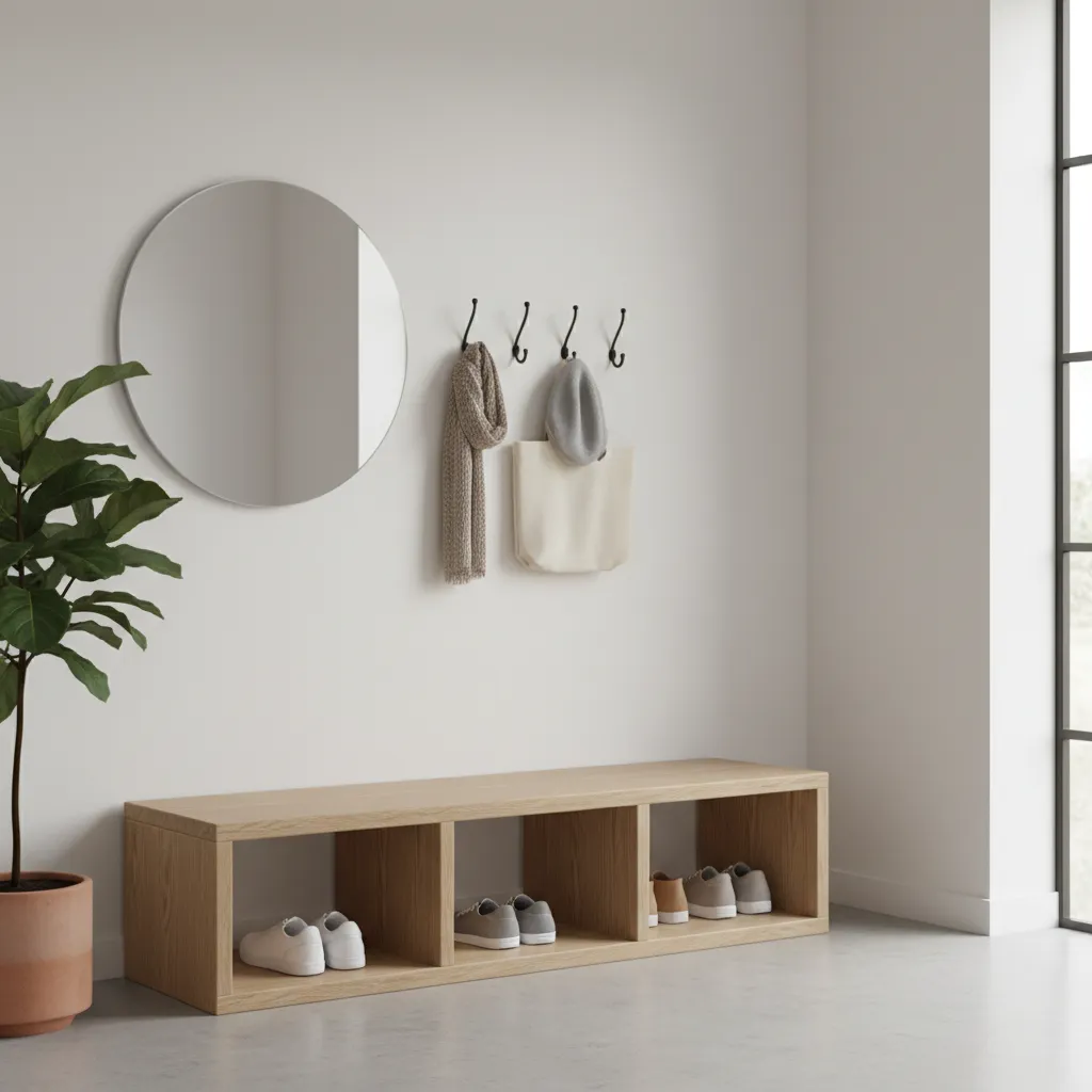 Entryway bench with cubbies and wall hooks for coats and bags