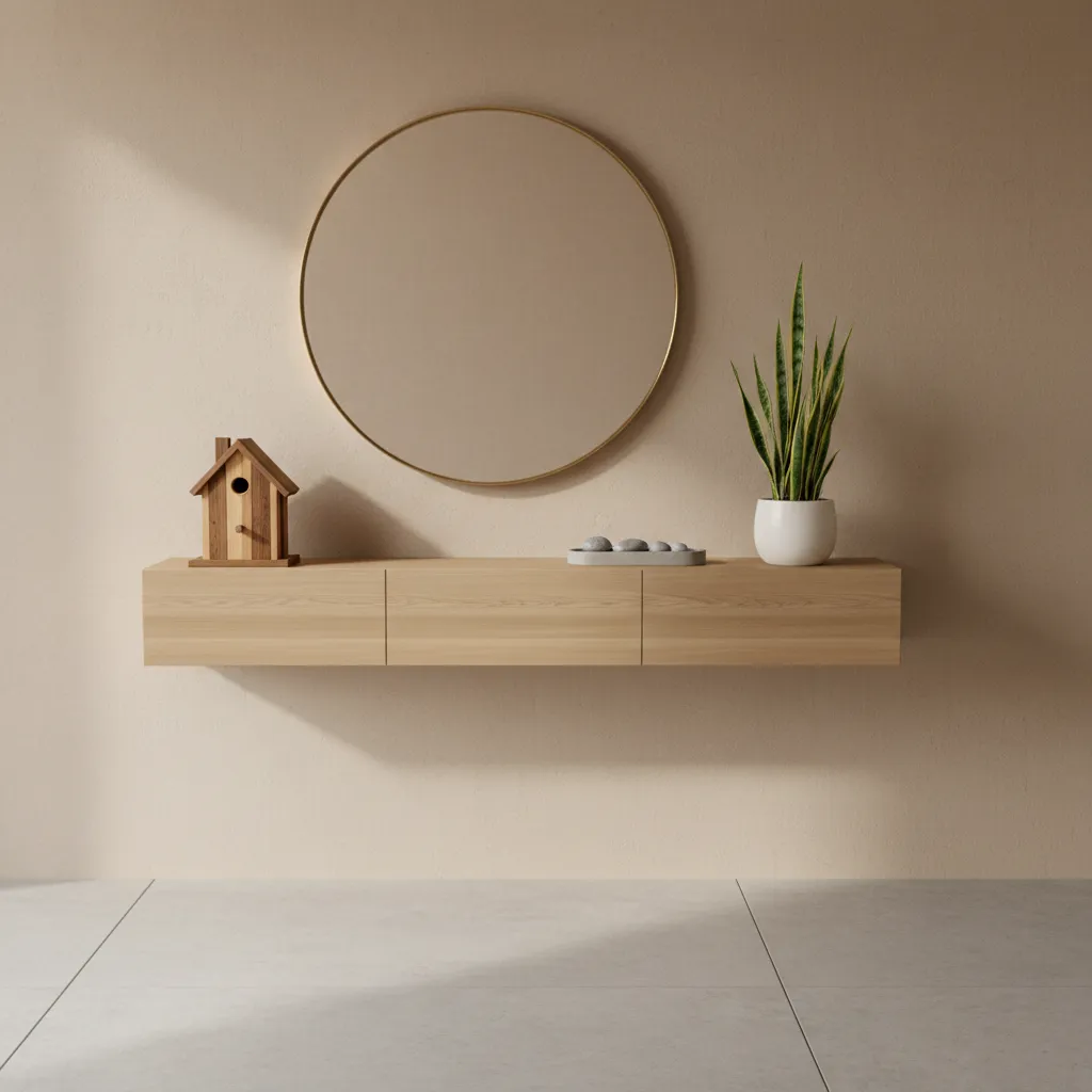 Entryway console table styled with decorative bird house and greenery