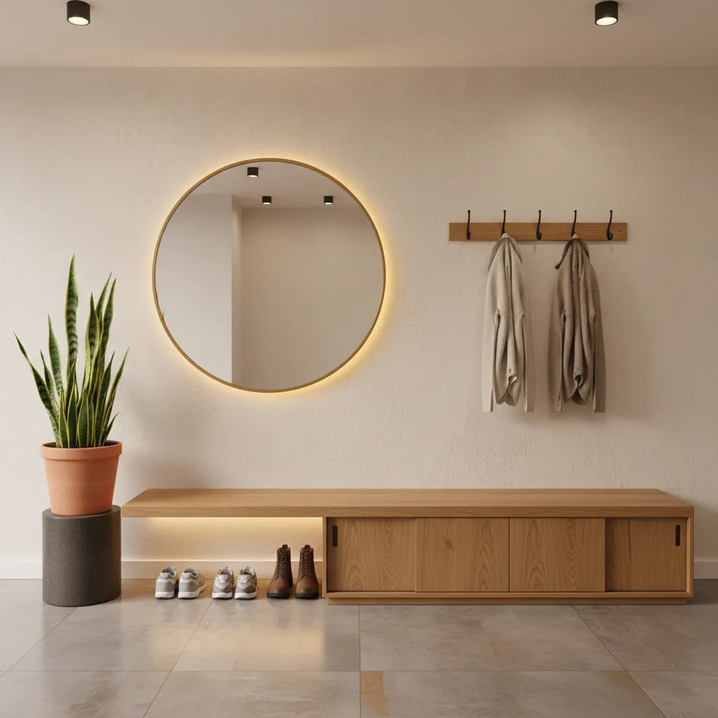 Minimalist entryway featuring round glowing mirror wooden bench potted plant and coats hanging on hooks