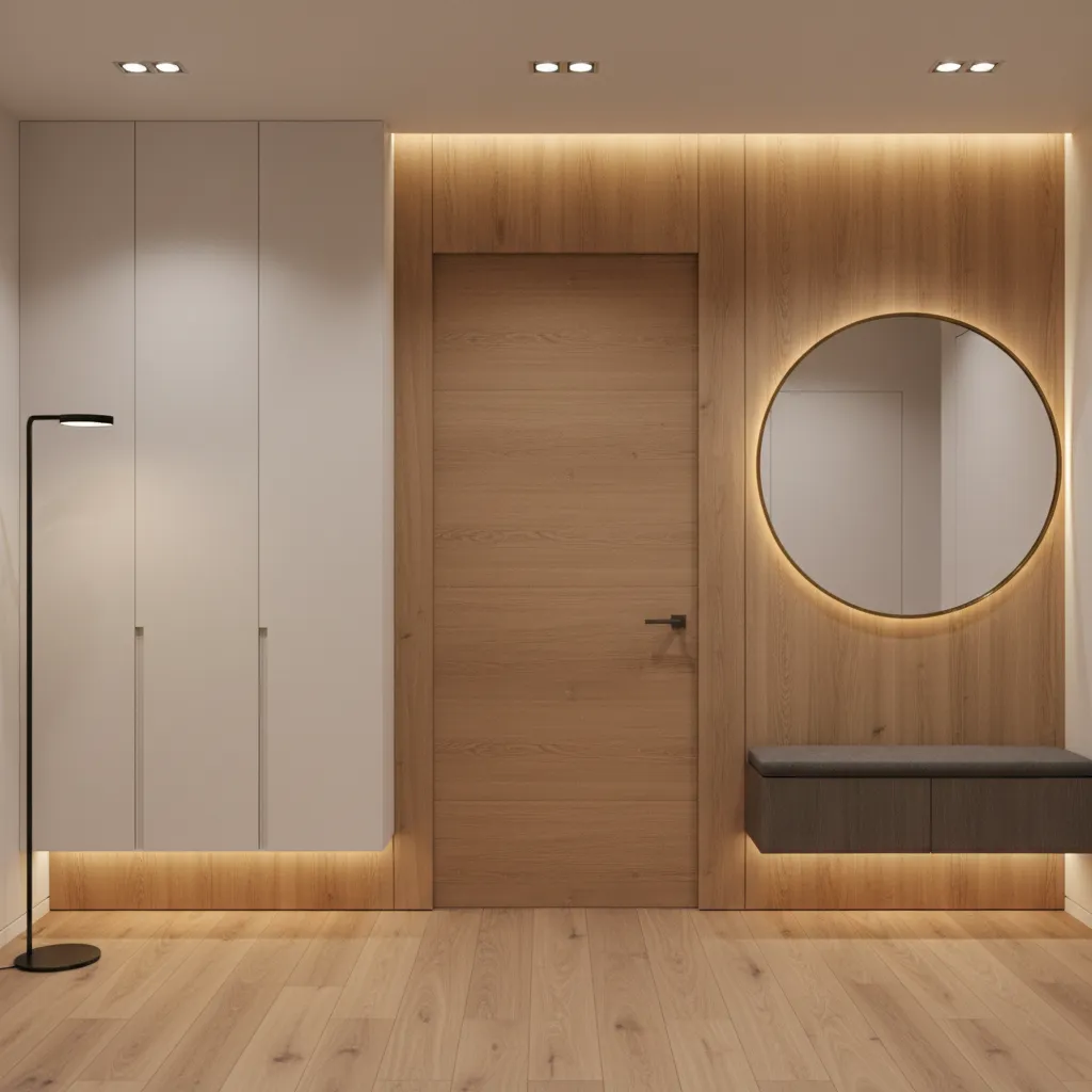 Entryway interior with flush panel door hiding bathroom beside storage cabinet