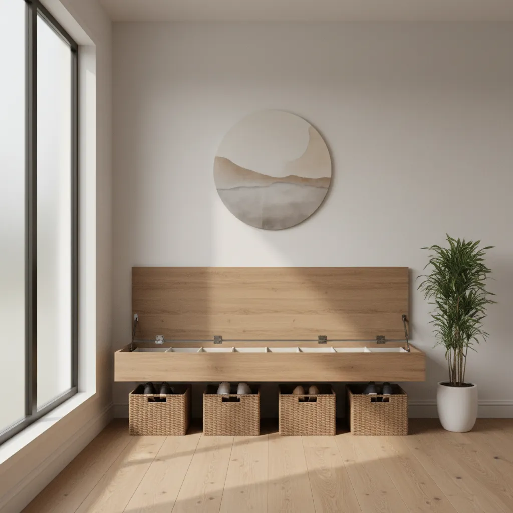Entryway bench with hidden storage compartment and organized baskets