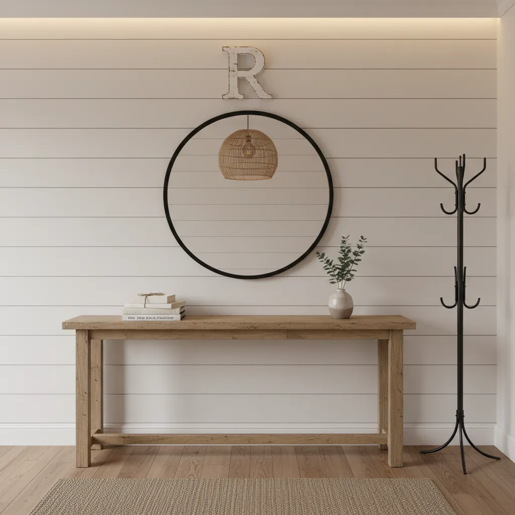 entryway console table with decorative family initial wall art