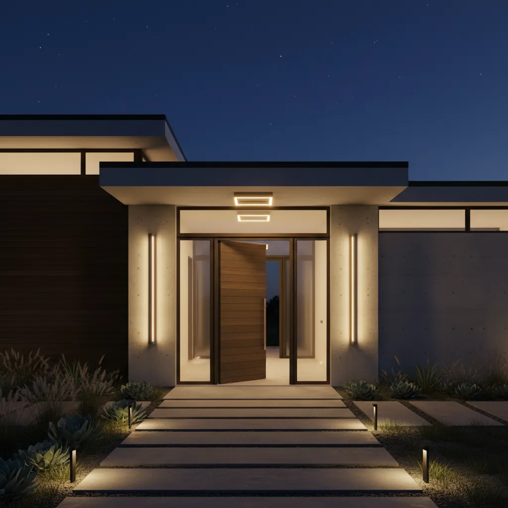 Example of layered lighting at a residential front entrance
