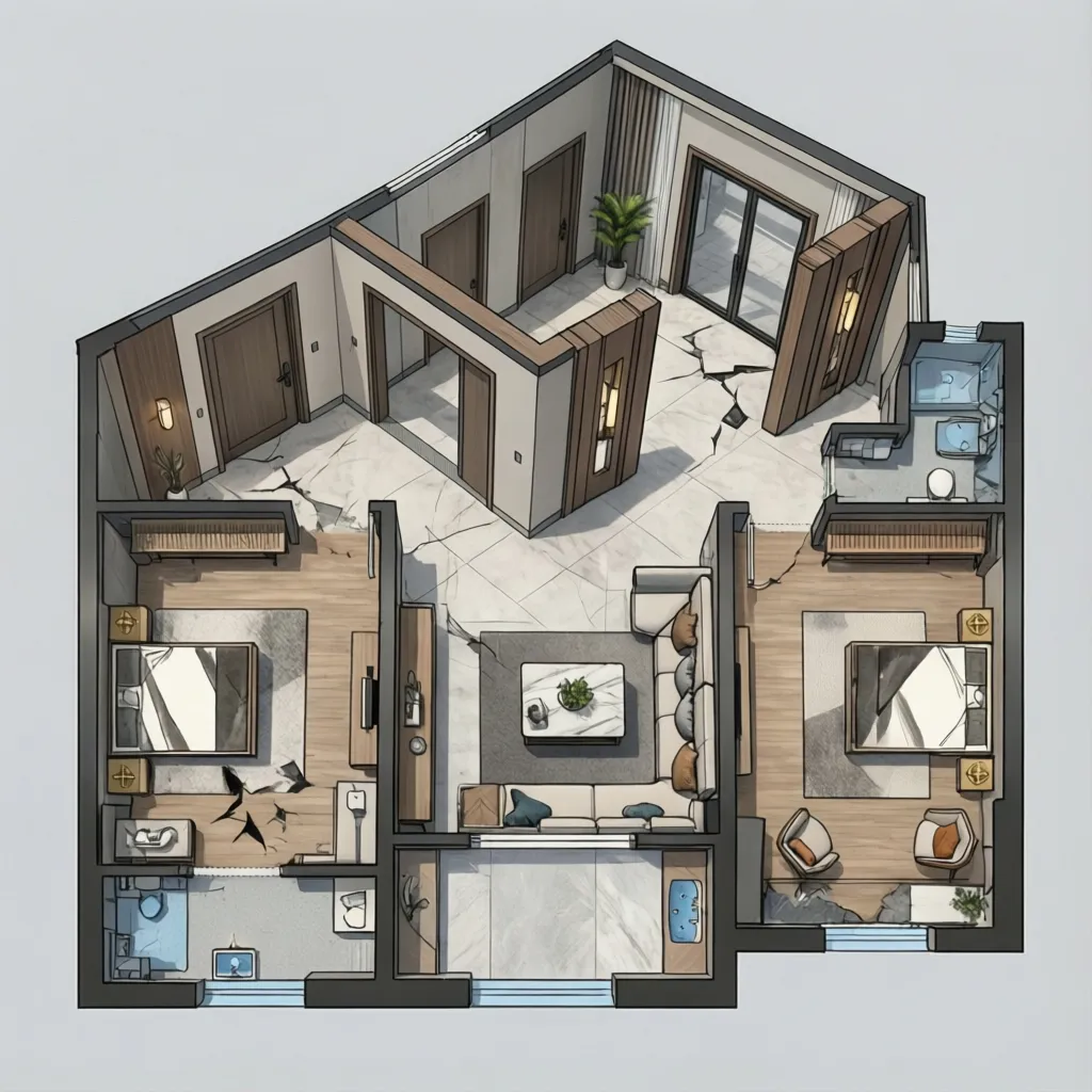 Architectural layout diagram showing improved foyer circulation for an east-facing front entrance