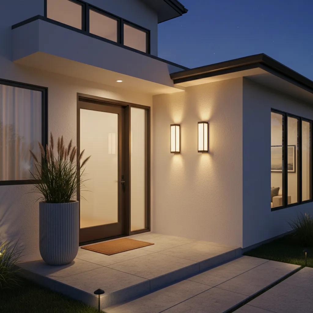 front entry lighting and planters balancing asymmetrical door layout