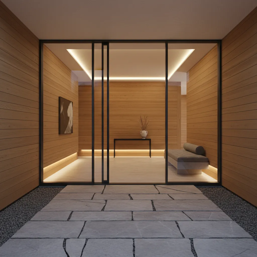 Stone flooring continuing from outdoor path into modern home foyer