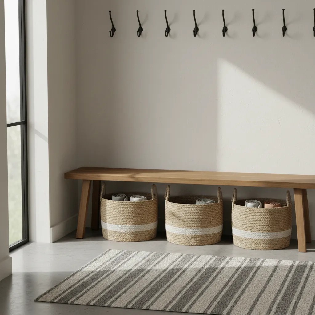 entryway nook styling showing wood bench woven basket and metal hooks