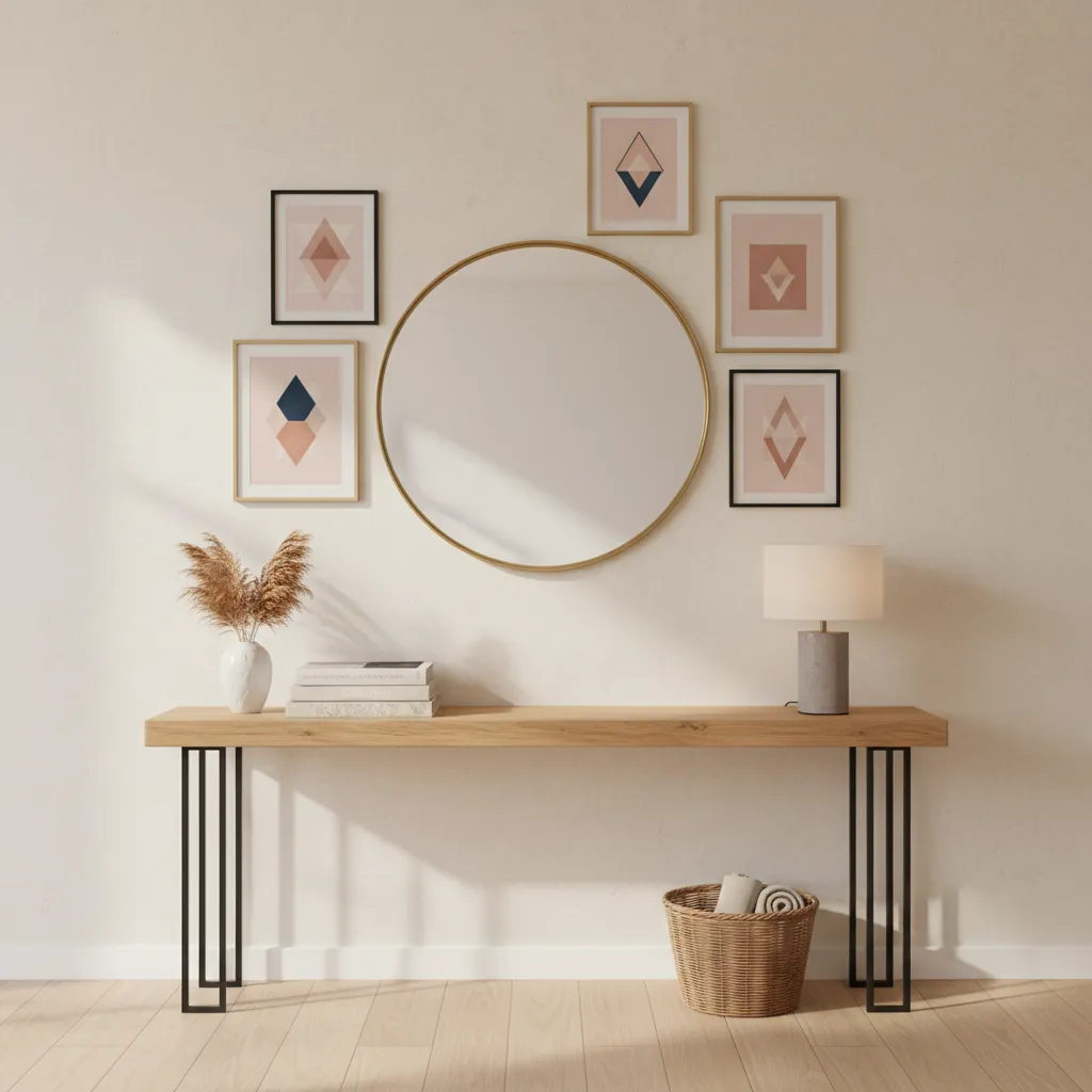 entryway console table with mirror and surrounding gallery artwork