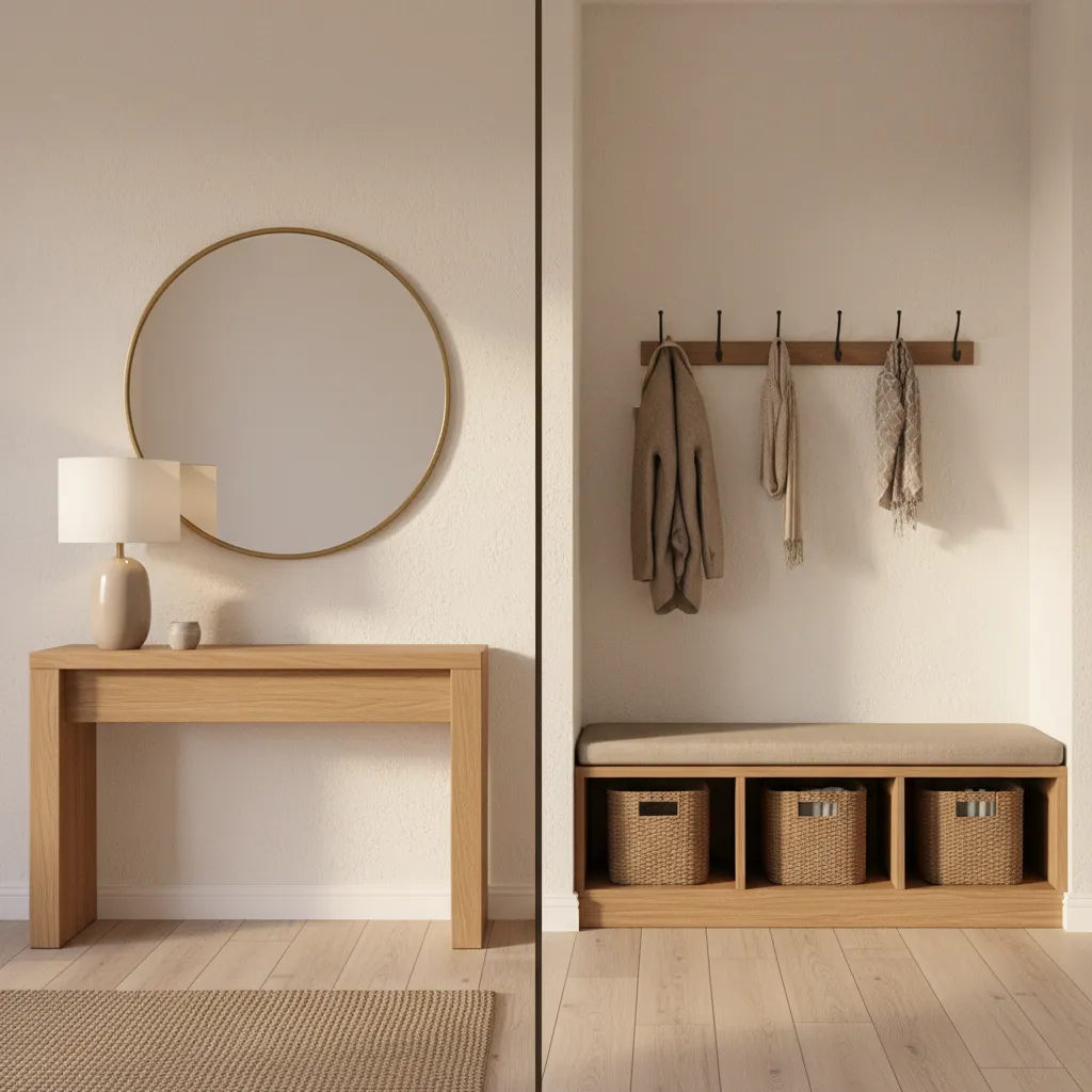 comparison of simple console entryway and built in entryway bench storage