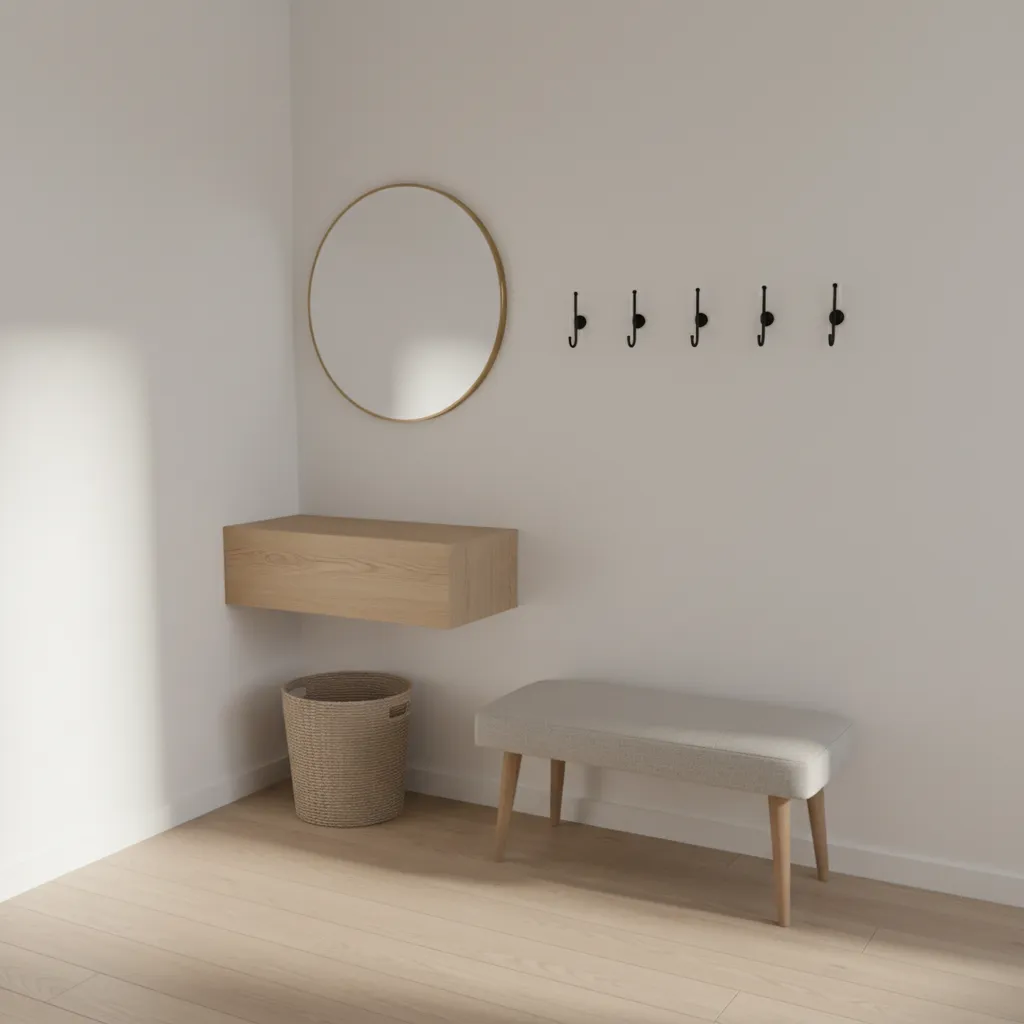 Small entryway nook with wall hooks, mirror, and compact furniture layout