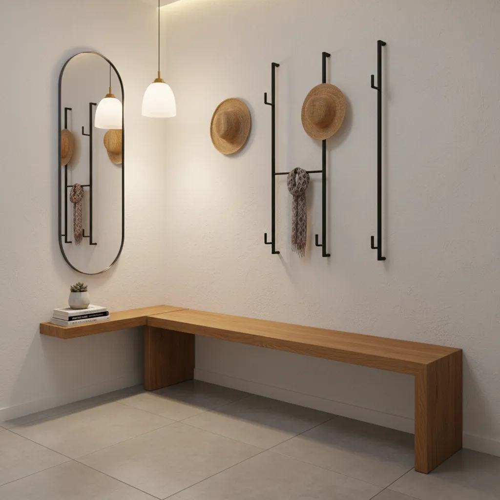 small entryway nook layout with bench wall hooks and mirror