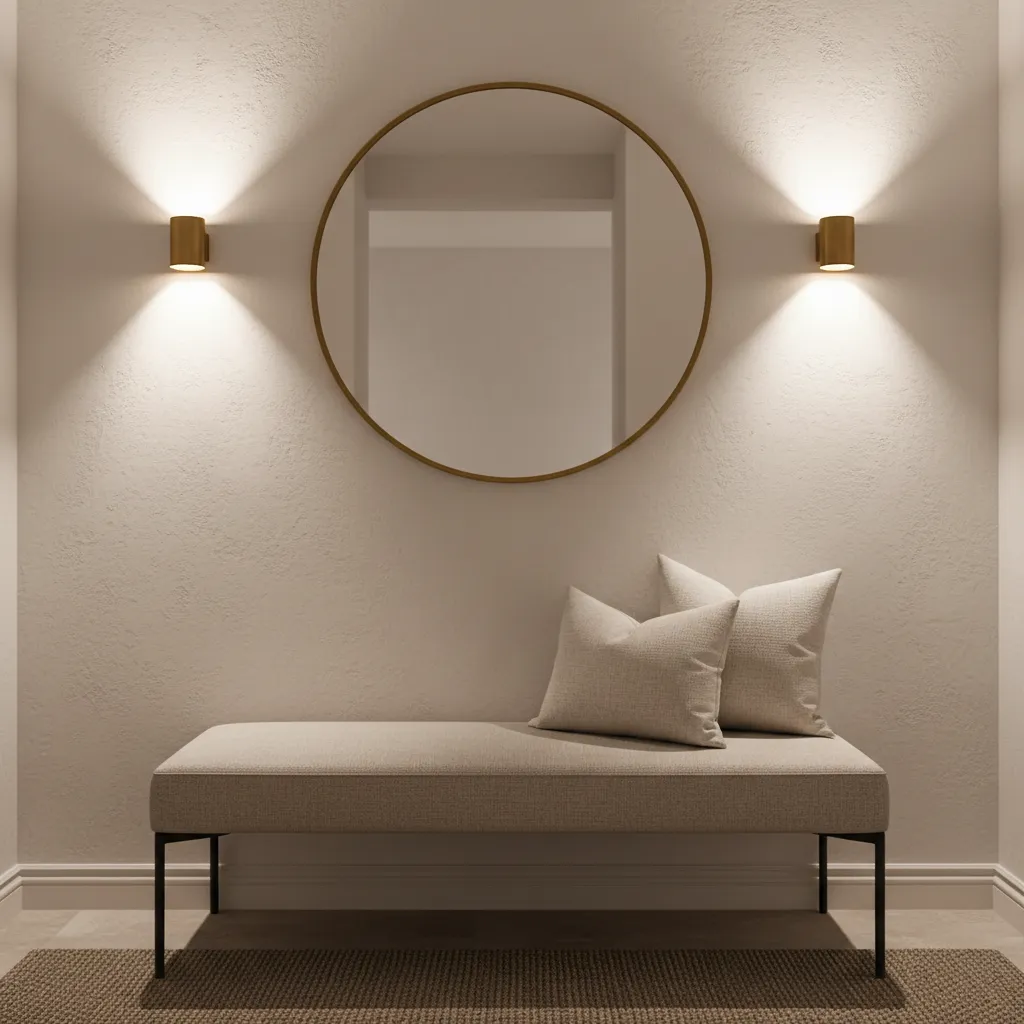 entryway nook with wall sconces lighting mirror and bench