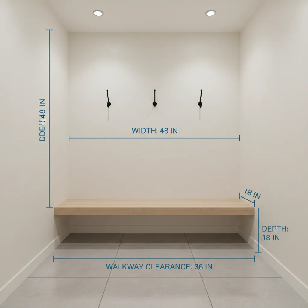 entryway nook with measurement guides showing width depth and clearance