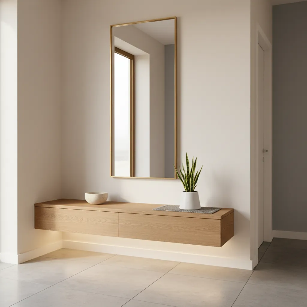 modern entryway nook with floating bench mirror and small decor styling
