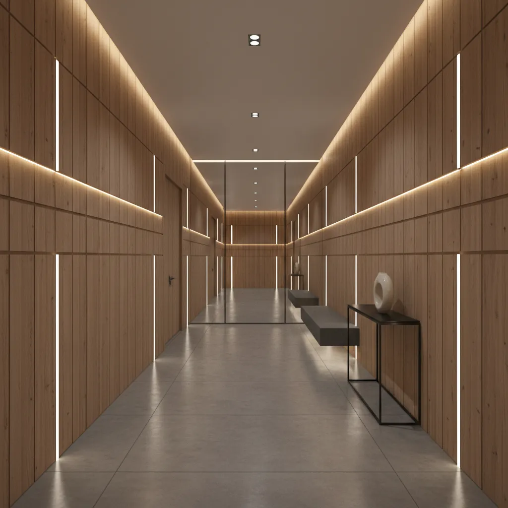 Wall panels highlighted by soft architectural lighting