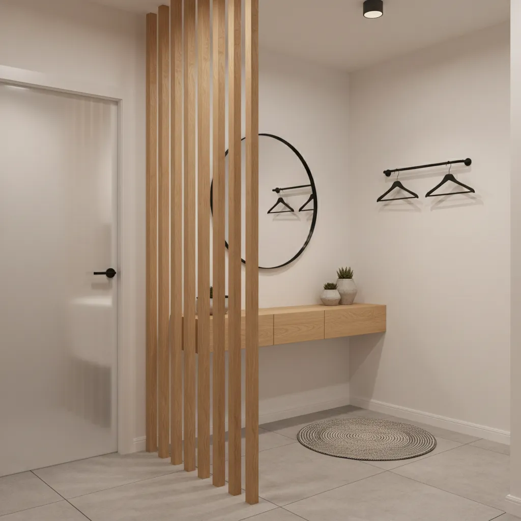 Wood slat partition separating apartment entrance from bathroom door