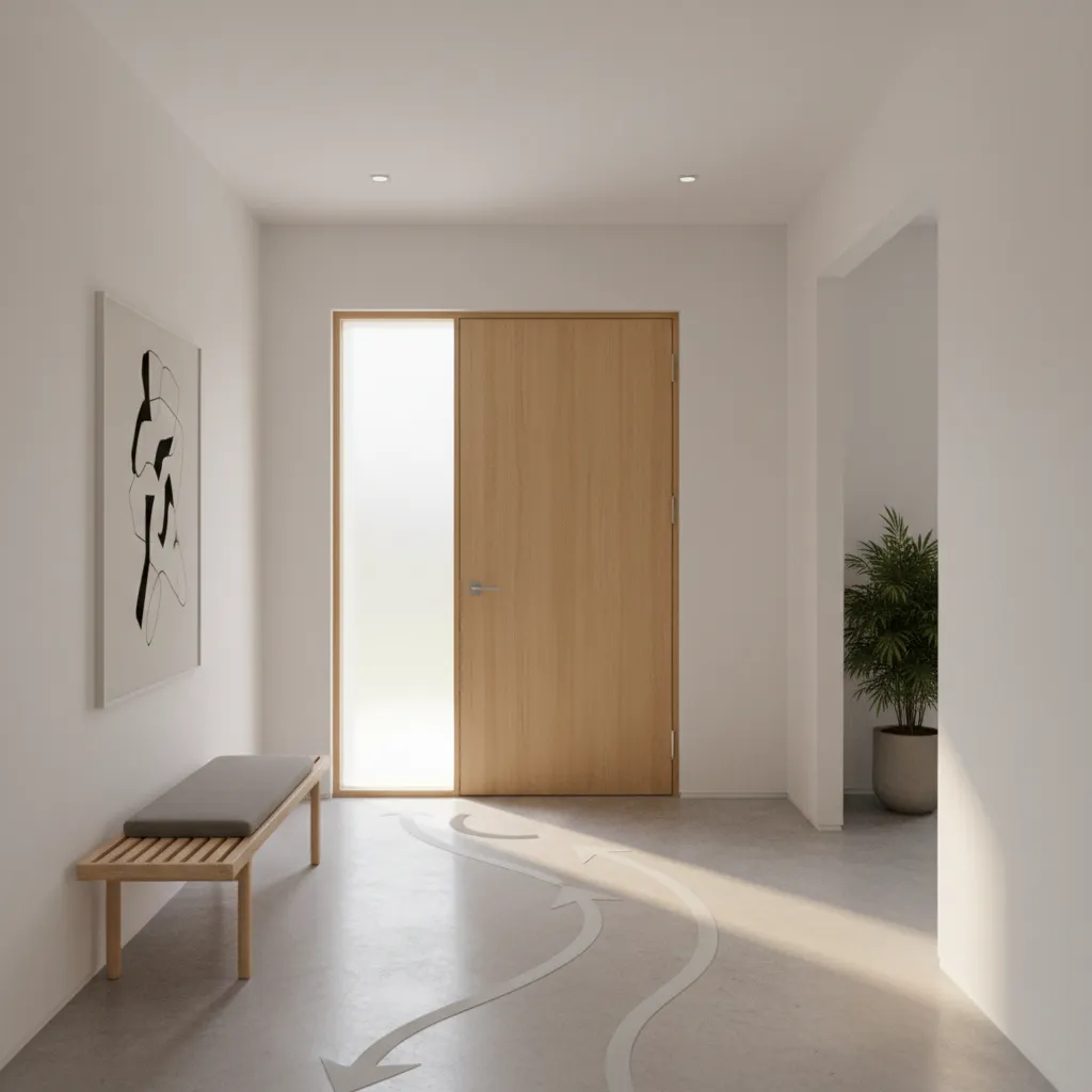entryway layout diagram showing walking path and furniture placement