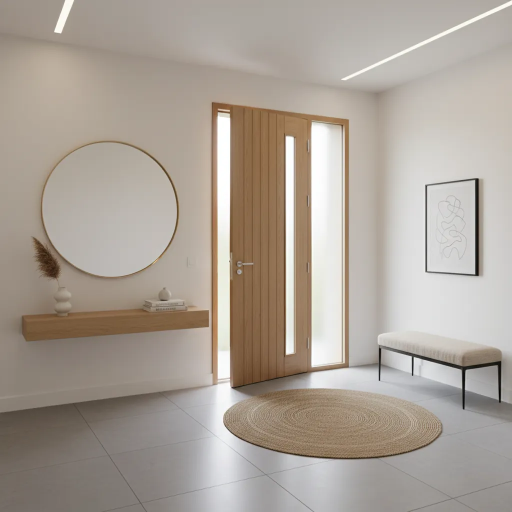 entryway with decorated wall beside door featuring mirror and small decor