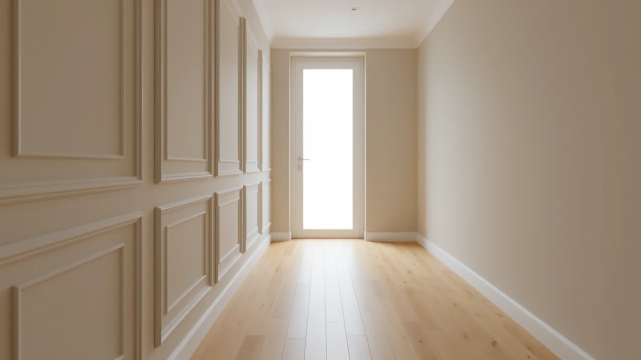Stylish hallway with decorative wall paneling and natural light