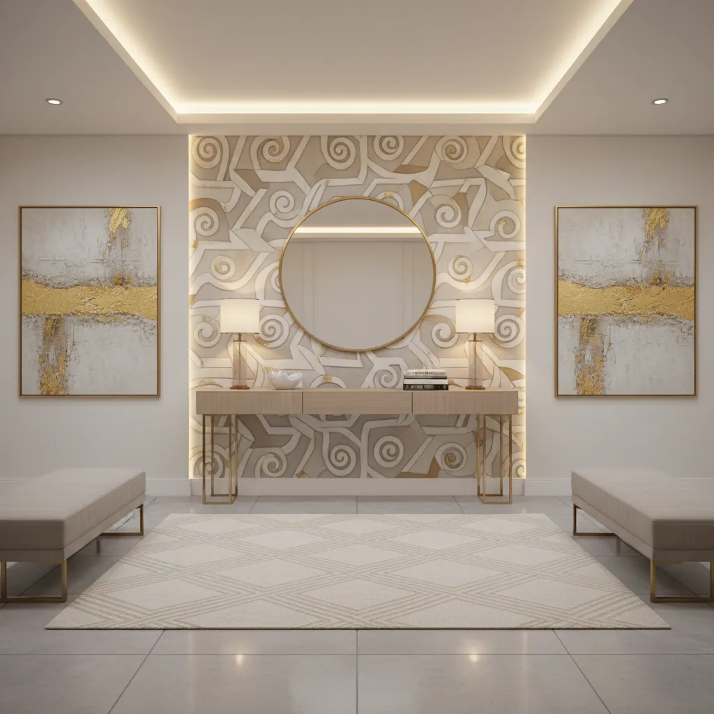 modern home entryway featuring decorative wall rangoli pattern as focal decor