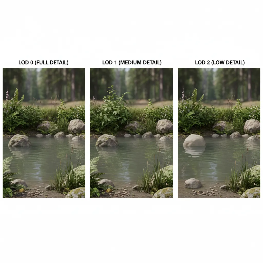 Example showing level of detail transitions for vegetation around a pond environment