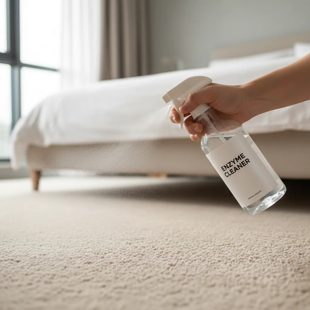 enzyme cleaner being sprayed onto bedroom carpet stain