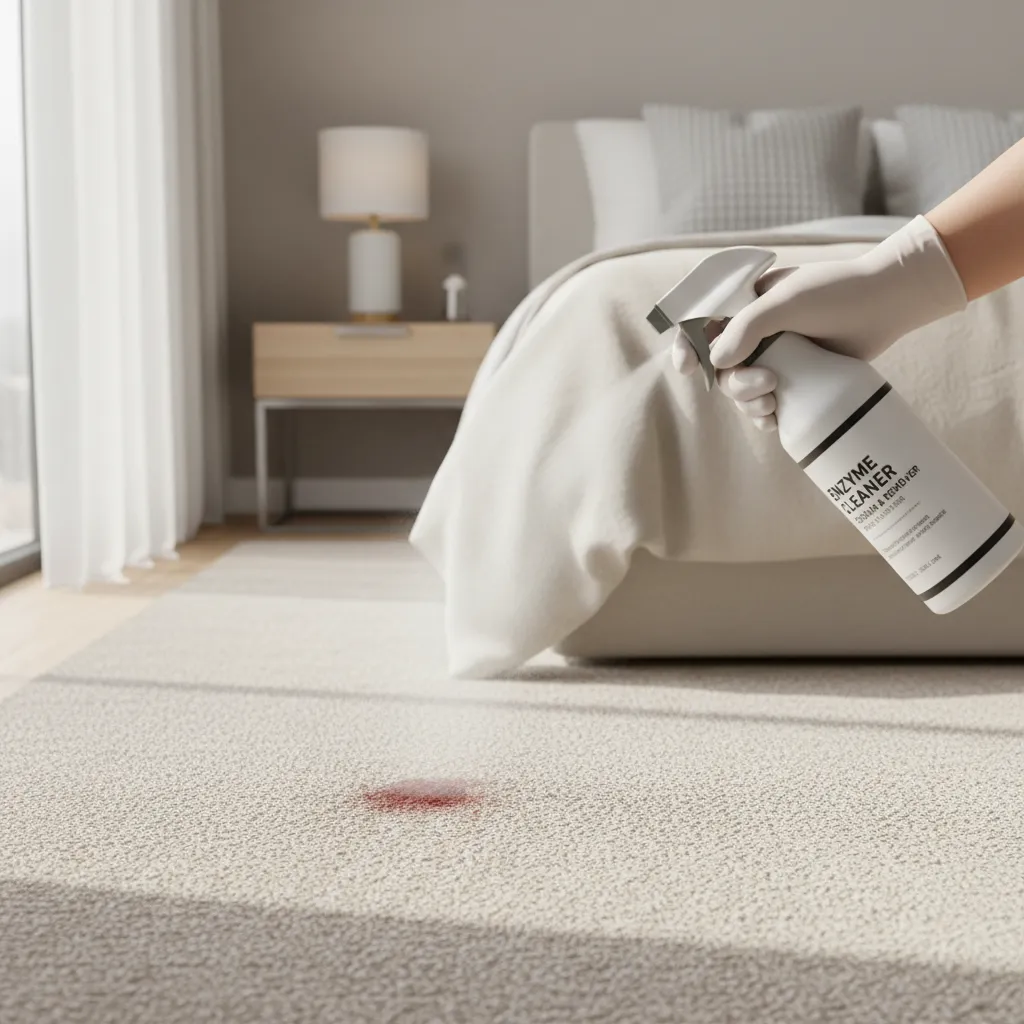 enzyme cleaner applied to bedroom carpet to prevent urine odor