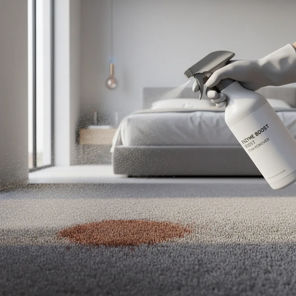 Applying enzyme cleaner to bedroom carpet urine stain