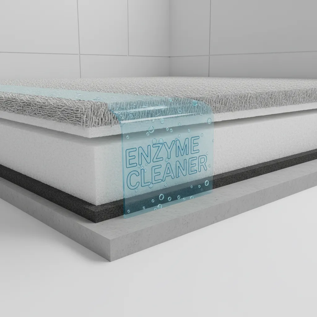 diagram style visualization of enzyme cleaner penetrating carpet fibers and padding