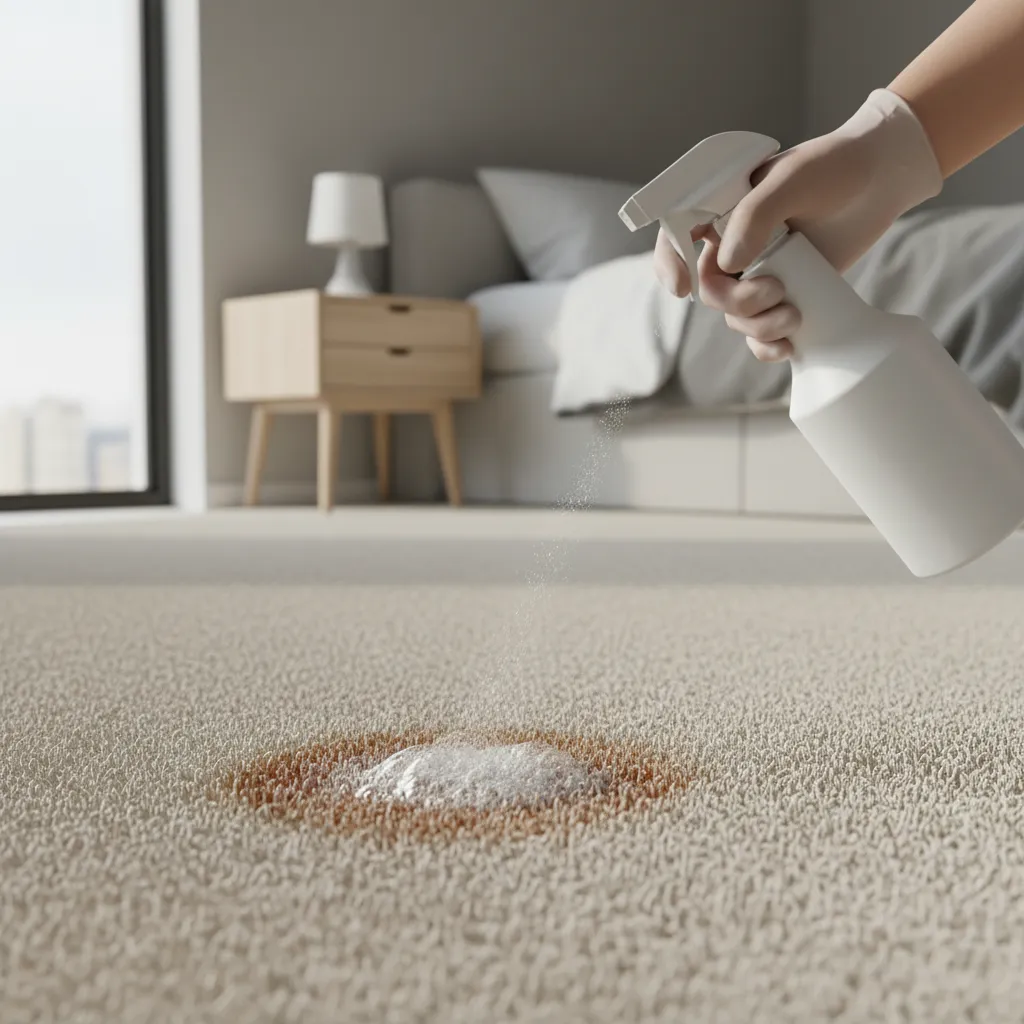 enzyme cleaner applied to bedroom carpet to remove urine odor