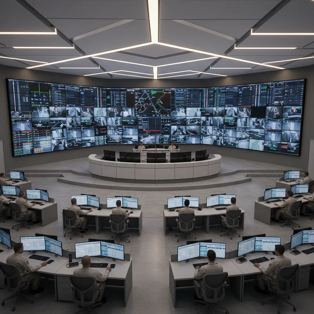 Command desk positioned centrally in an emergency operations center with clear view of operator teams and display wall