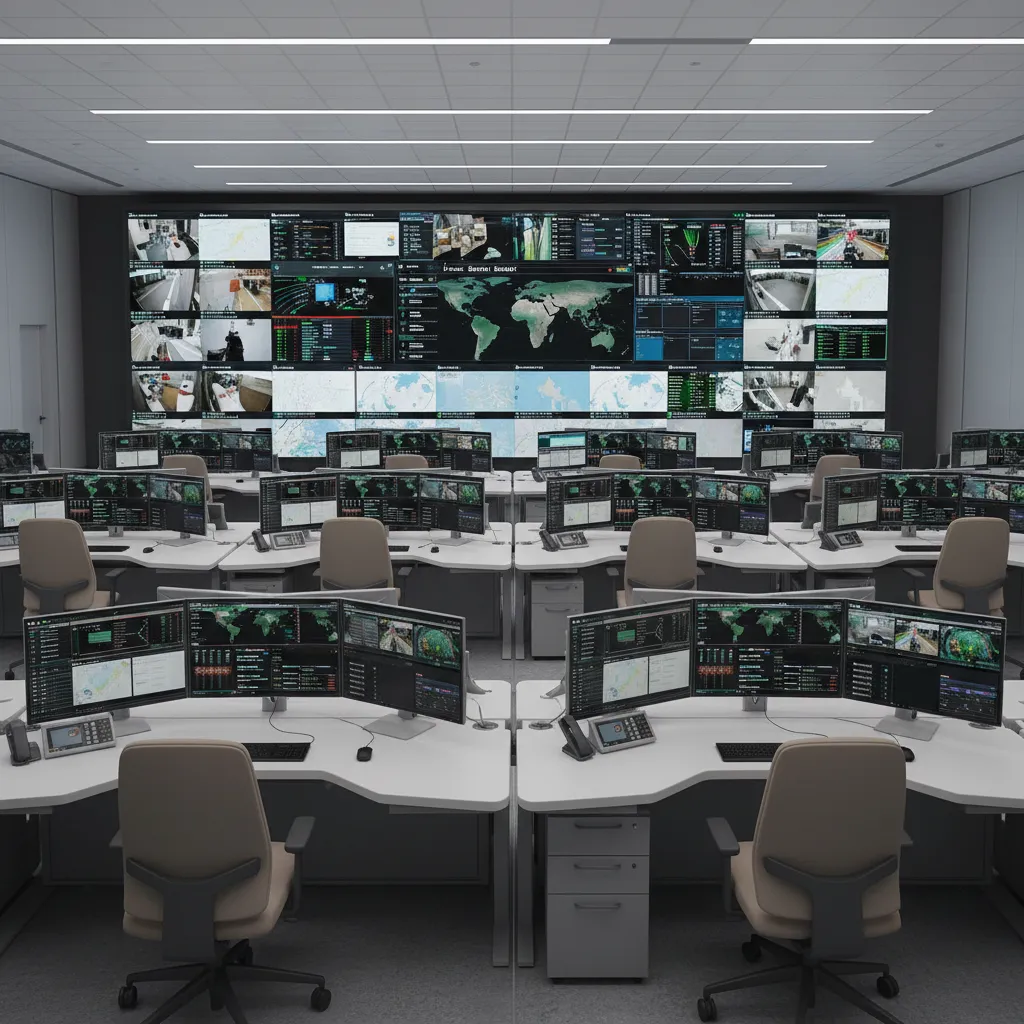 overview of emergency operations center with multiple operator desks facing shared display wall